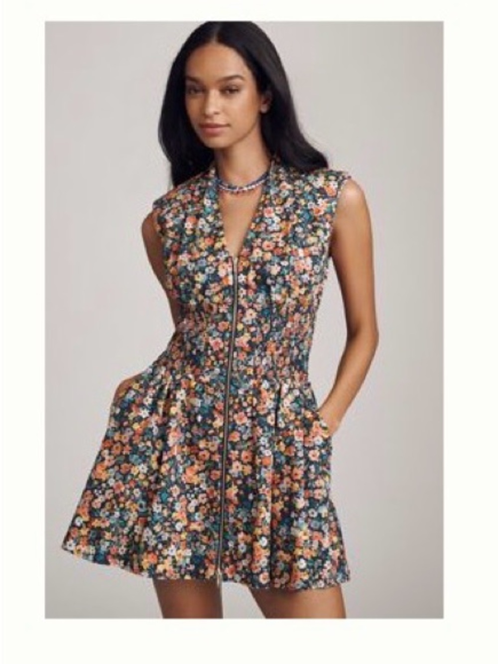 Maeve Floral Zip-Front Sleeveless Dress in Multi-Color
